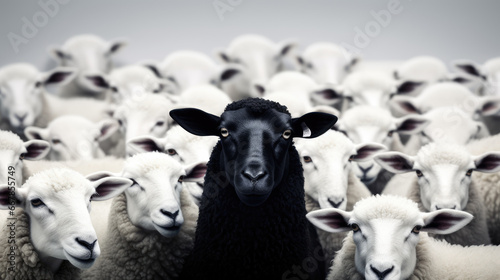 : An intriguing image featuring a black sheep within a flock of white sheep, set against a clean and uncluttered background, symbolizing uniqueness and individuality. © Mosaic Media