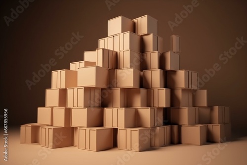 Stacked brown boxes and container with empty space. Logistics, shipping, business. 3D illustration. Generative AI