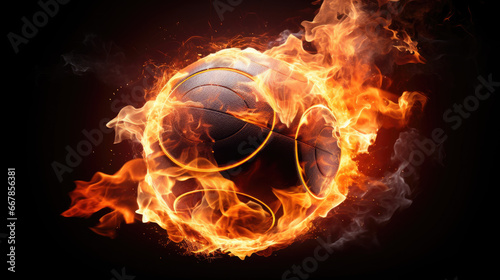 An intense and dramatic image capturing a sport ball engulfed in flames against a stark black background, radiating energy and passion.