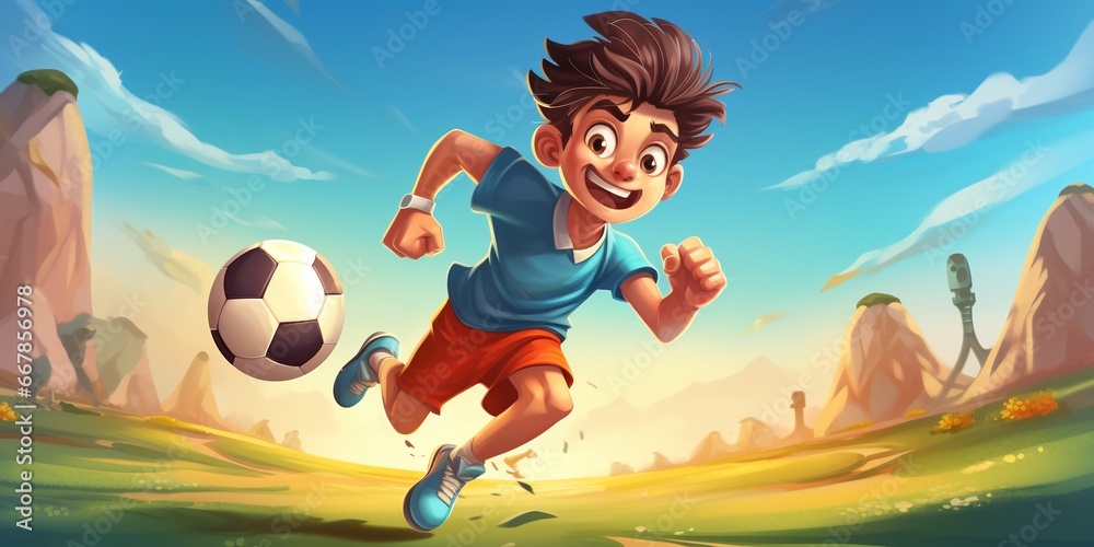 Obraz premium cute kid boy play soccer as striker on the field, cartoon boy doing sport with fun.