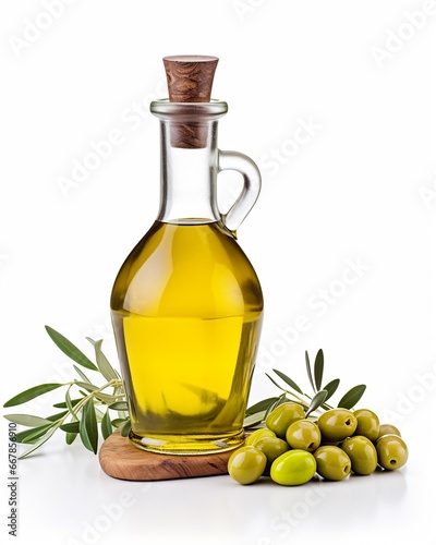 Branch with olives and a bottle of olive oil isolated on white