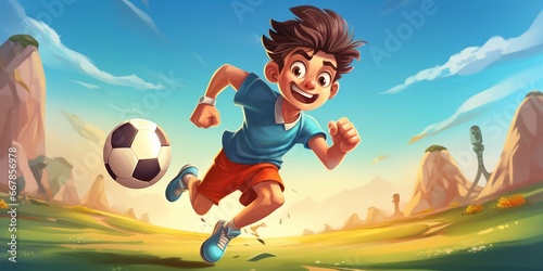 cute kid boy play soccer as striker on the field, cartoon boy doing sport with fun. photo