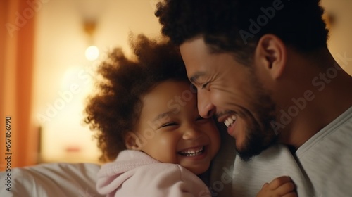 Happy young dad playing games and lifting his adorable little daughter at home, father taking care and have good time with his baby in modern bedroom.