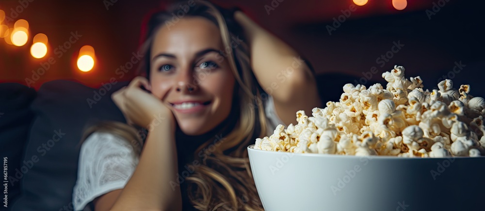 Teenage girl enjoying movies at home with popcorn