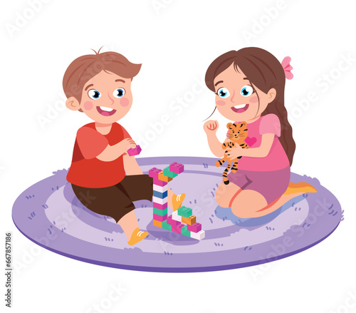 Vector illustration of cute children assembling a constructor. Cartoon scene with a smiling and happy boy and girl sitting on a carpet and assembling a construction kit isolated on a white background.