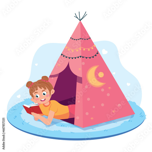 Vector illustration of a cute little girl in a wigwam. Cartoon scene with a smiling and happy girl reading a book and lying in a homemade wigwam decorated with star and crescent garlands
