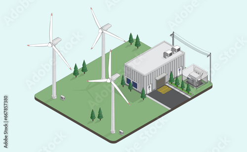 wind energy, wind turbine power plant, wind farm isometric graphic