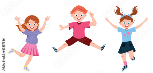 Vector illustration of cheerful children jumping. Cartoon scenes with smiling and happy children in different poses: girls waving hands, boys jumping and showing victory signs