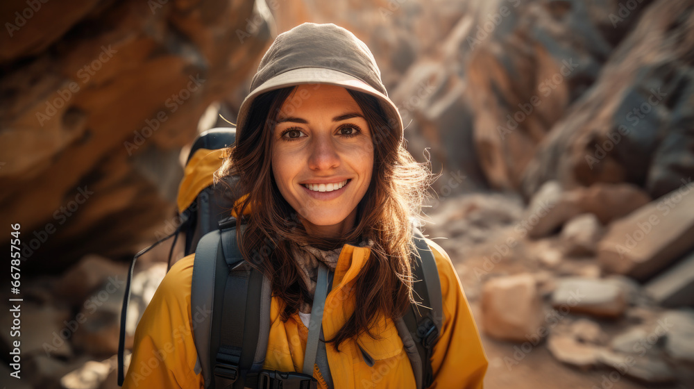 Portrait of a female geologist in the field, standing among rocks and geological formations and engaging with the camera Portrait of a female geologist in the field, standing among rocks and geological formations and engaging with the camera