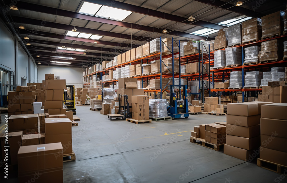 Retail warehouse full of shelves with goods in cartons, with pallets and forklifts