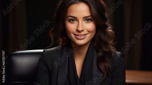 Portrait of Beautiful bussines woman in jacket and blouse, sitting in armchair  on dark background. AI generation