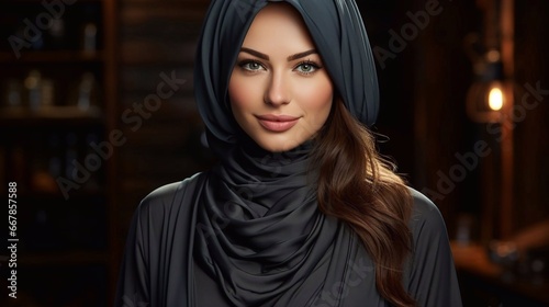 Portrait of beautiful woman wearing in black hijab. Business muslim woman. AI generation
