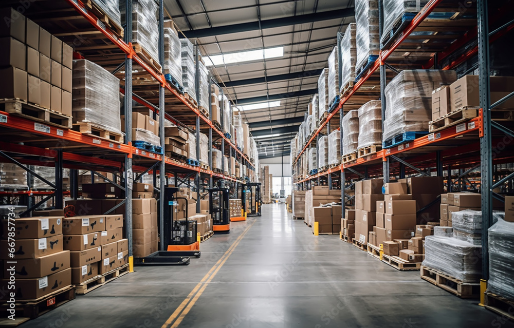 Retail warehouse full of shelves with goods in cartons, with pallets and forklifts Retail warehouse full of shelves with goods in cartons, with pallets and forklifts
