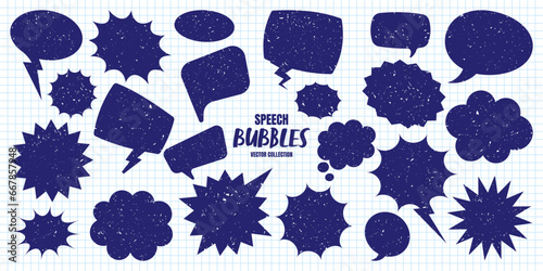 Hand drawn comic speech bubbles on checkered paper sheet. School notebook for drawing. Grunge retro cartoon stickers. Chatting, message box. Vector illustration