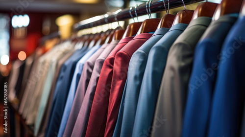 Closeup of Men's suits on hangers in a store