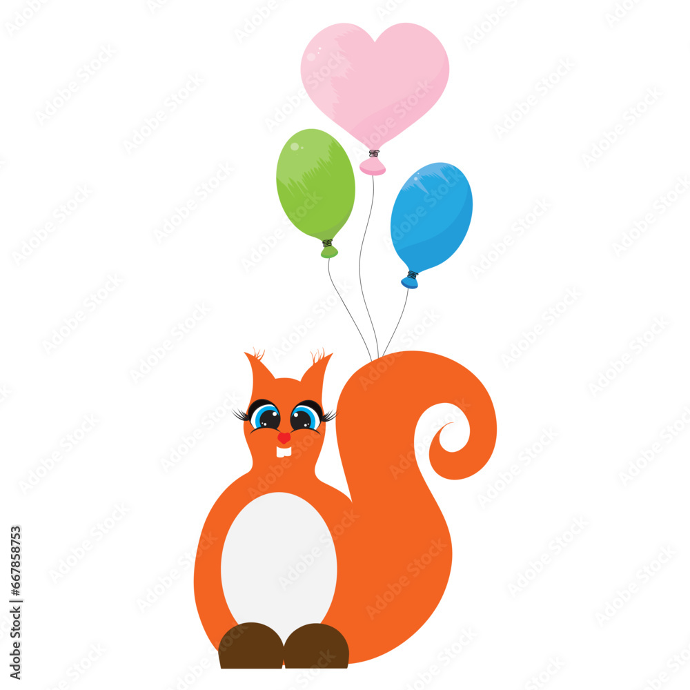 Fototapeta premium Vector illustration of squirrel with balloons on white backgroun. Symbol of birthday and celebration.