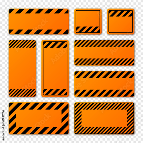 Various blank orange warning signs with diagonal lines. Attention, danger or caution sign, construction site signage. Realistic notice signboard, warning banner, road shield. Vector illustration