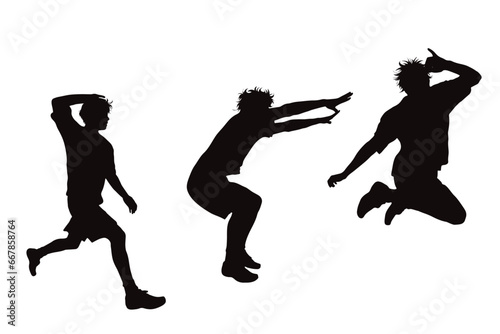 Vector silhouette of set of men jumping on white background. Symbol of sport and happiness.