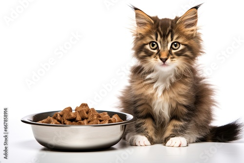 Cute fluffy kitten sitting next to a full bowl of cat food, space for text