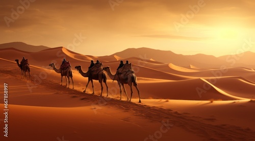 Caravanning Through the Sahara  Majestic Camels in the Desert Sands generative ai