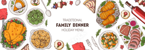 Christmas food. Christmas dinner. Holiday menu. Food design template. Food and drink set. Hand drawn design template.