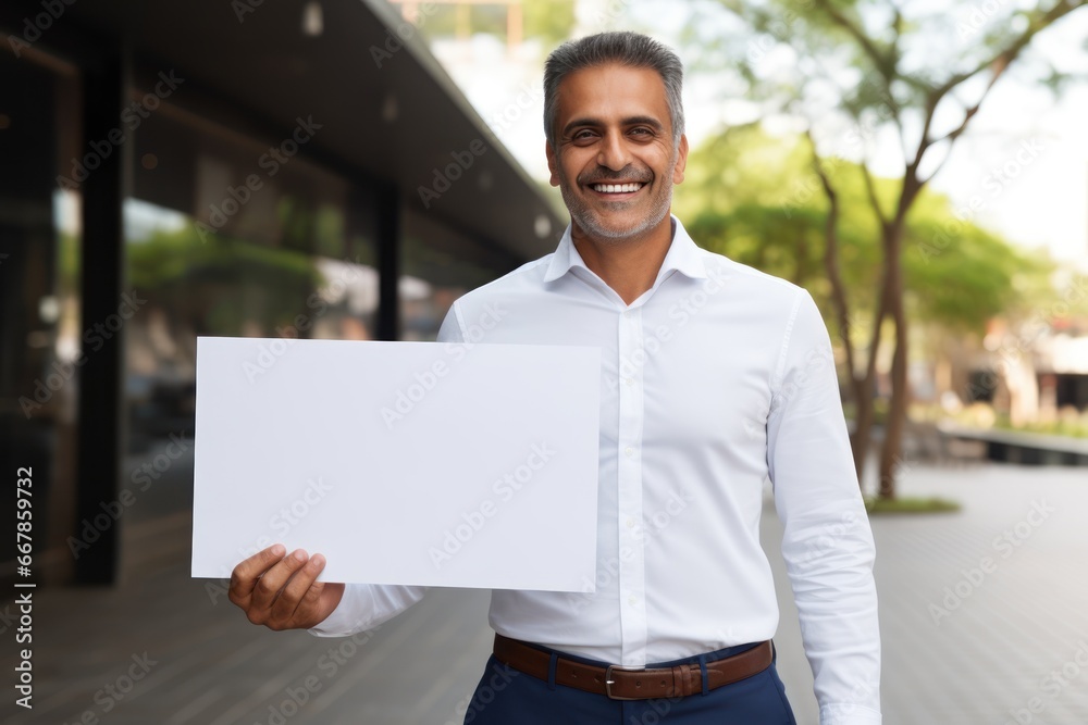 Corporate Confidence: Cheerful Entrepreneur Holding a Blank Banner Template generative ai Corporate Confidence: Cheerful Entrepreneur Holding a Blank Banner Template generative ai