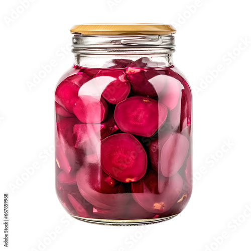 Front view close up of pickled beetroot in a jar isolated on a white transparent background 