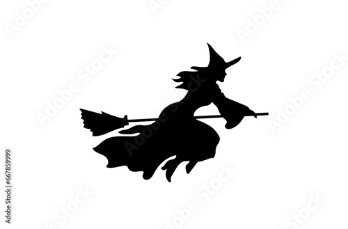 Photographie Enchanting Halloween Vector Illustration with Witch Silhouette Soaring on Broomstick isolated on white background