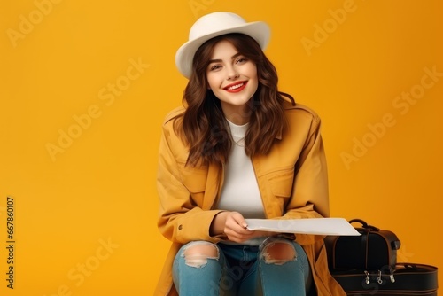 Chic Traveler: Brunette Woman in Beret, White Tee, and Jeans with Map generative ai