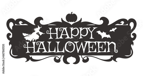 Happy Halloween vector illustration. Vintage spooky typography design template for sign, greeting card, print. Halloween design with witch, pumpkin and bat silhouette isolated on white background.