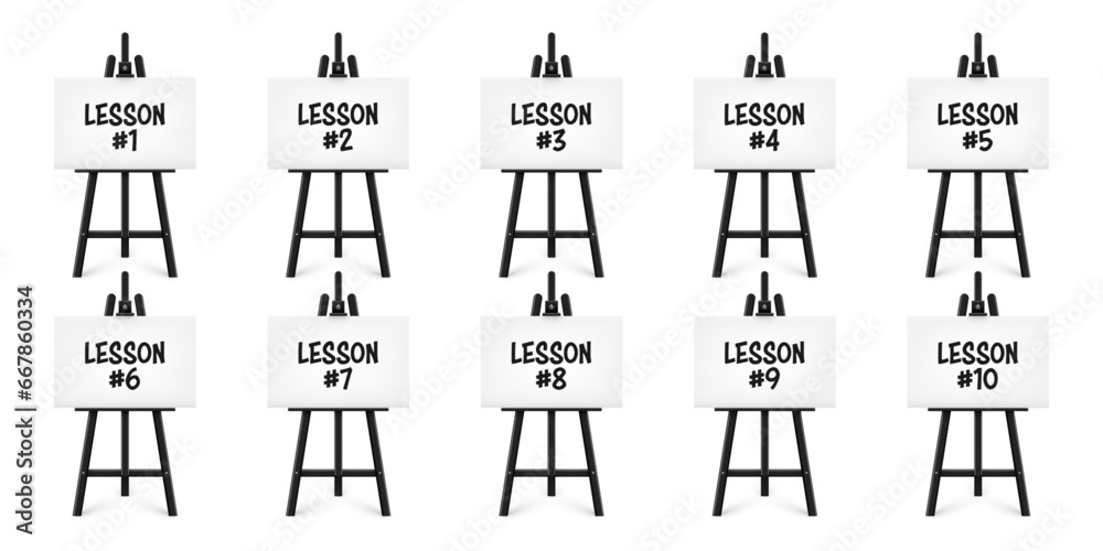 Realistic paint desk with text on white canvas. Black wooden easel and a sheet of drawing paper. Presentation board on a tripod. Distance education, online courses and e-learning. Vector illustration Realistic paint desk with text on white canvas. Black wooden easel and a sheet of drawing paper. Presentation board on a tripod. Distance education, online courses and e-learning. Vector illustration