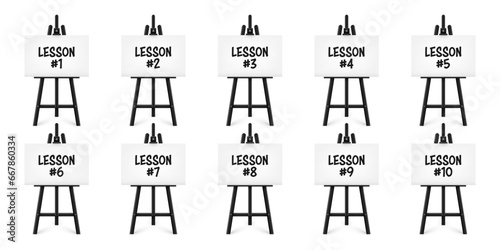 Realistic paint desk with text on white canvas. Black wooden easel and a sheet of drawing paper. Presentation board on a tripod. Distance education, online courses and e-learning. Vector illustration