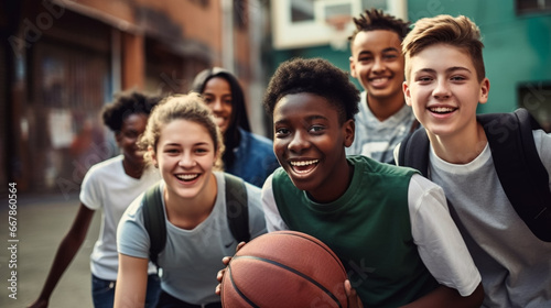 copy space, stockphoto, teenage students from different ethnic background playing basketball. Teenagers playing basketball or posing with a basketball. Happy teenagers. Sports theme. Healthy lifestyle