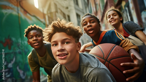 copy space, stockphoto, teenage students from different ethnic background playing basketball. Teenagers playing basketball or posing with a basketball. Happy teenagers. Sports theme. Healthy lifestyle