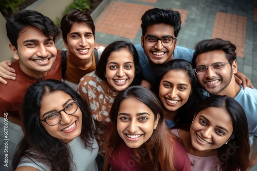 Tela Group of indian youngsters looking at camera top view generative ai