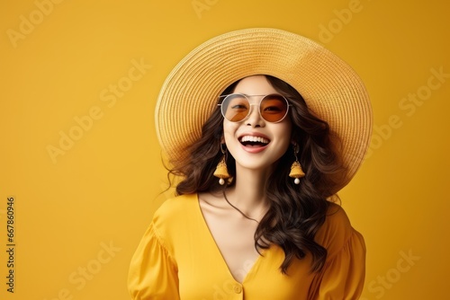 portrait of young indian woman with sunglasses and hat yellow background generative ai 