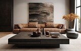 A complete modern style living room with a table in the center and leather sofa
