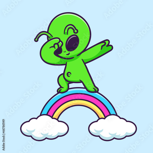 Cute Alien Dabbing On Rainbow Cartoon Vector Icon 
Illustration Science Technology Icon Concept Isolated 
Premium Vector. Flat Cartoon Style