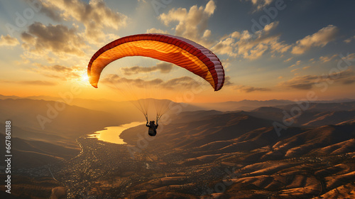 An exhilarating shot of a paraglider performing acrobatic maneuvers, spiraling and looping in the air, highlighting the skill and daring nature of the sport photo