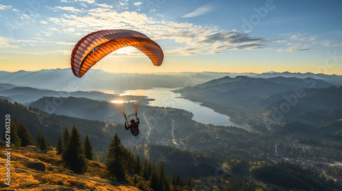 An adrenaline-filled image of a paraglider performing an infinity tumble, spinning in mid-air, surrounded by the open sky and stunning scenery, evoking a sense of controlled chaos