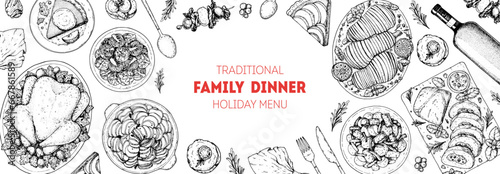 Christmas food. Christmas dinner. Holiday menu. Food design template. Engraved style background. Food and drink set. Hand drawn sketch, design template.