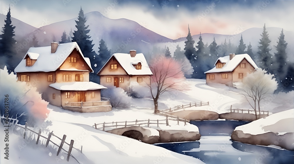 winter houses landscape ornament watercolor vector illustration