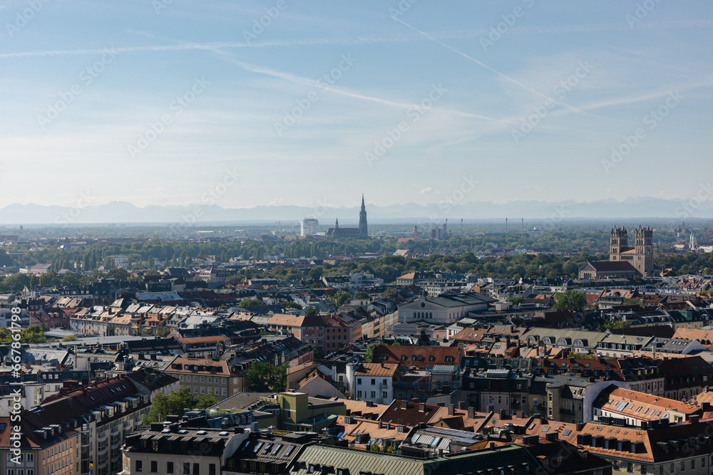 Aerial view of the city of Munich in Germany. Cityscape of Munich on a sunny day