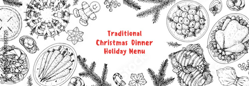 Christmas food. Christmas dinner. Holiday menu. Food design template. Engraved style background. Food and drink set. Hand drawn sketch, design template.