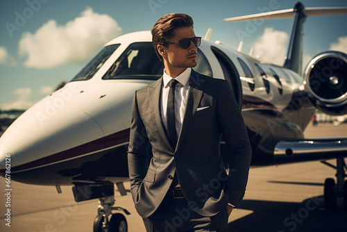 Businessman standing near private jet.