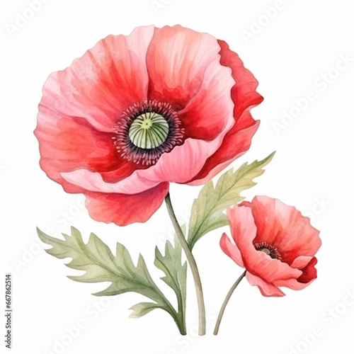 Red beautiful poppy flowers with leaves watercolor paint art decor for greeting card. Generated AI