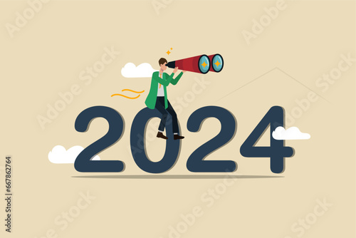 Year 2024 business outlook, forecast or planning for the future, setting goals, success or achievements, the businessman is sitting on 2024 with his binoculars and is observing the future.