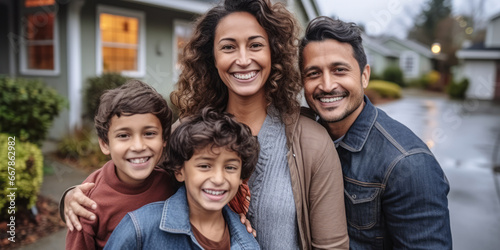 Cheerful Mixed-Race Family on Home Driveway: A Portrait of Togetherness