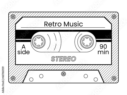 Vintage audio cassette tape. Device outline icon. Retro mixtape of tunes and songs 1980s or 1990s. Audio equipment for analog music records. Trendy groovy pop object for poster, card, cover, label, ad