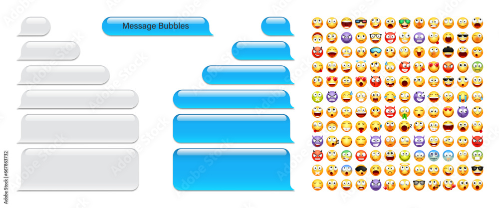 Blank message bubbles with emoji. Blue chat or messenger speech bubble. SMS text frame. Short message sending. Conversation screen. Social media application. Vector illustration Blank message bubbles with emoji. Blue chat or messenger speech bubble. SMS text frame. Short message sending. Conversation screen. Social media application. Vector illustration